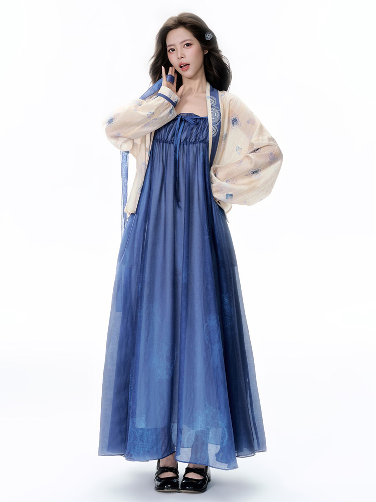 Summer Women Long Dress Blue Casual Hanfu Set