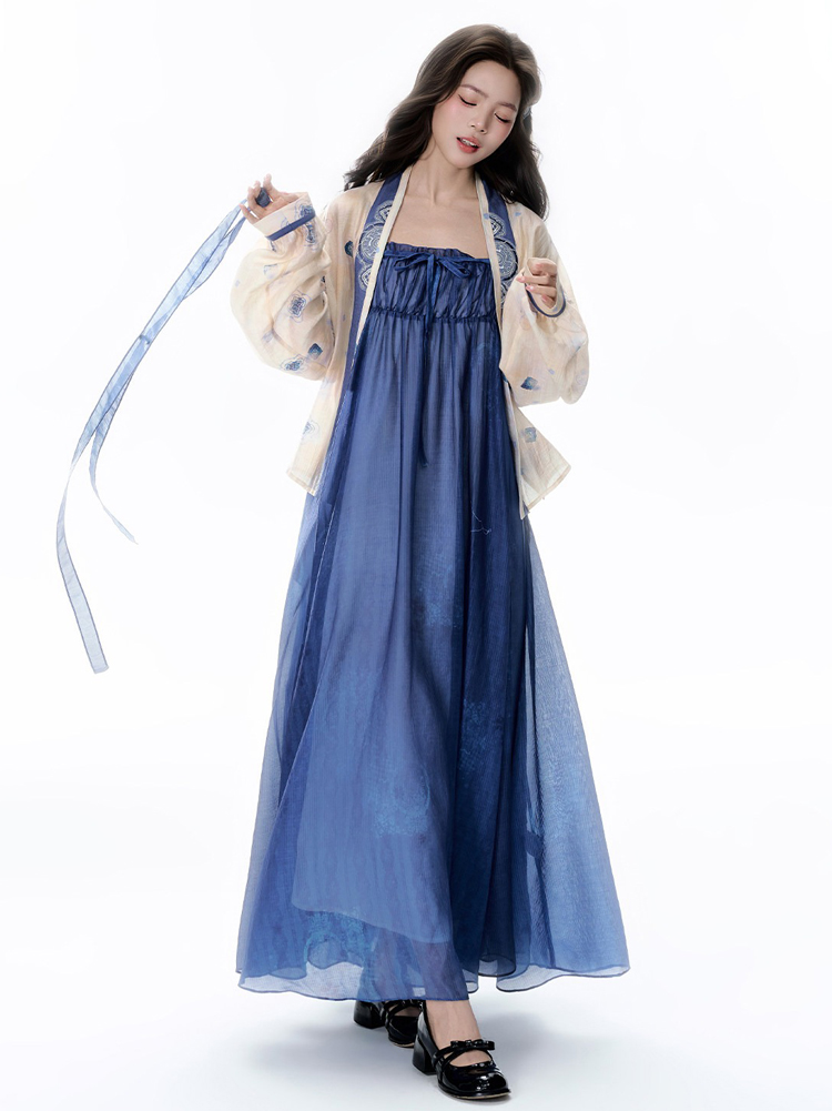 Summer Women Long Dress Blue Casual Hanfu Set