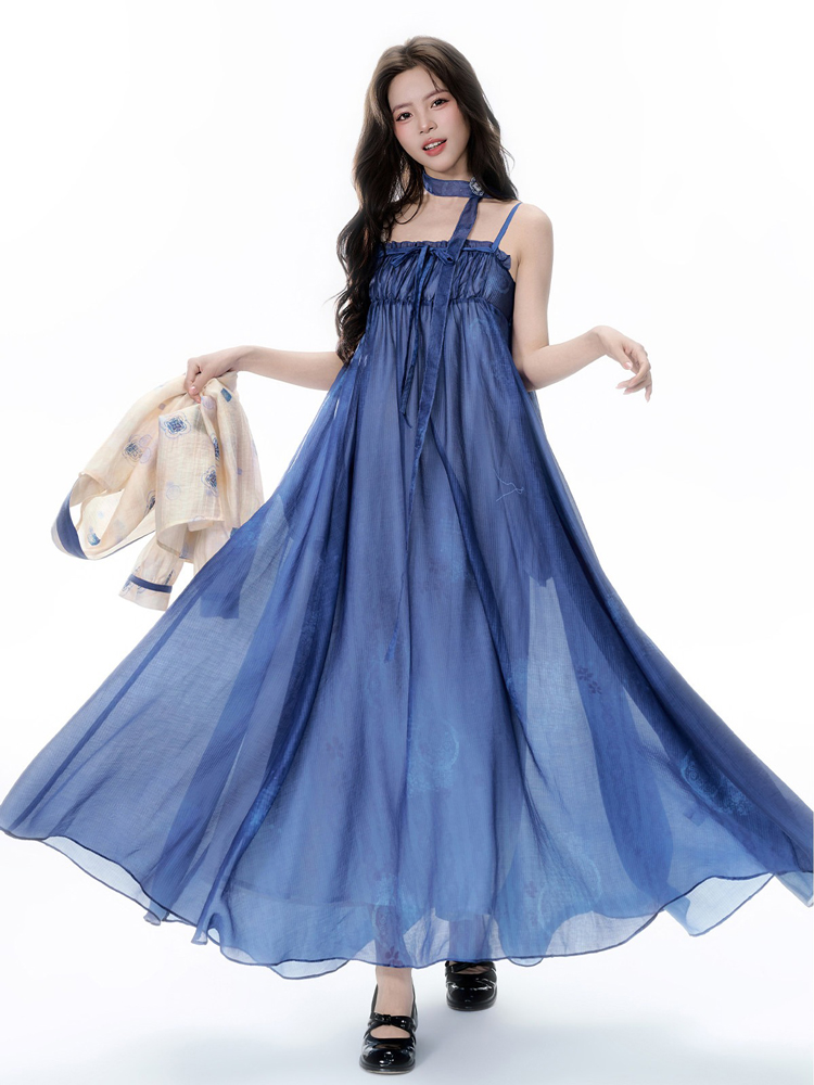 Summer Women Long Dress Blue Casual Hanfu Set