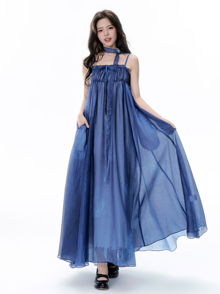 Summer Women Long Dress Blue Casual Hanfu Set