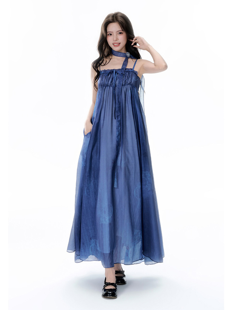 Summer Women Long Dress Blue Casual Hanfu Set