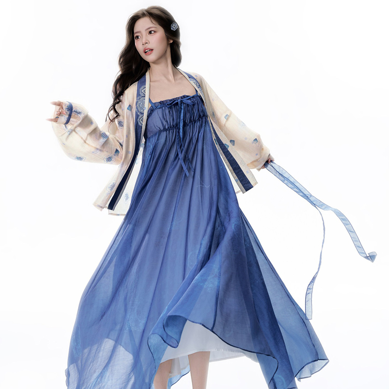 Summer-Women-Long-Dress-Blue-Casual-Hanfu-Set-2 Summer Women Long Dress Blue Casual Hanfu Set