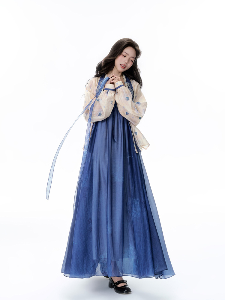 Summer Women Long Dress Blue Casual Hanfu Set