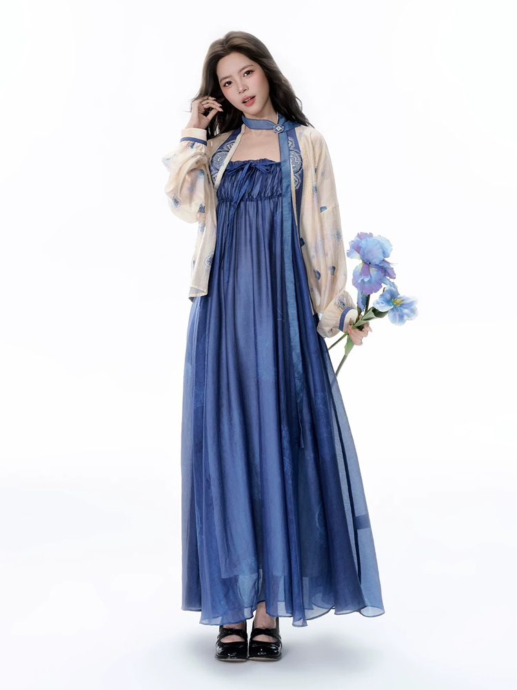 Summer Women Long Dress Blue Casual Hanfu Set