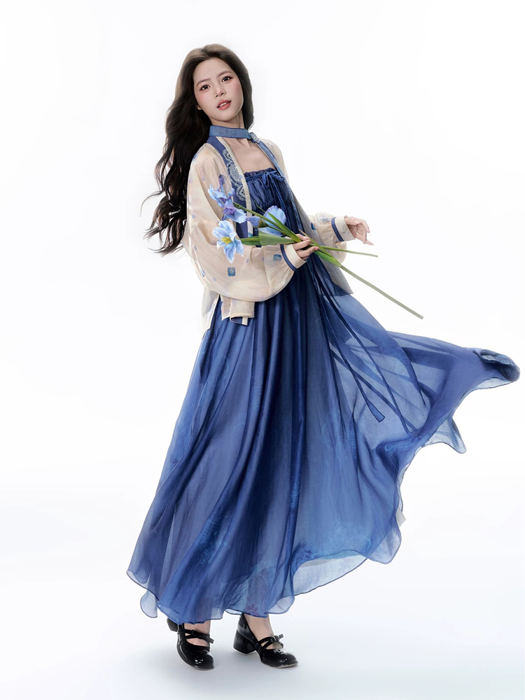 Summer Women Long Dress Blue Casual Hanfu Set