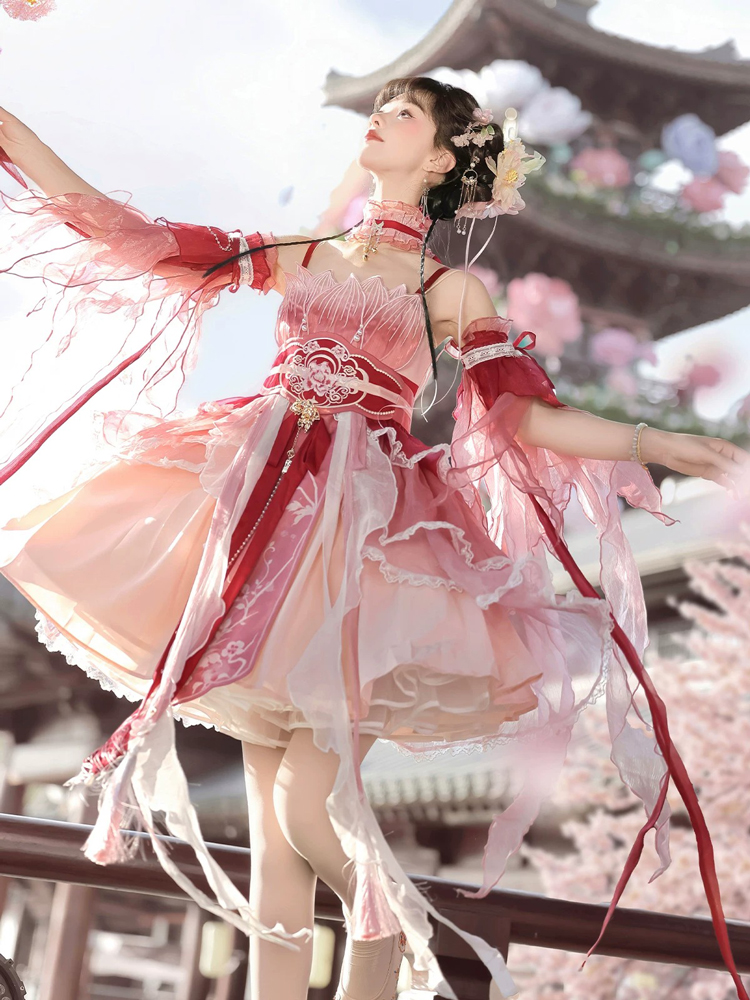 Summer Women Pink Dress Elegant Set with Hanfu Elements