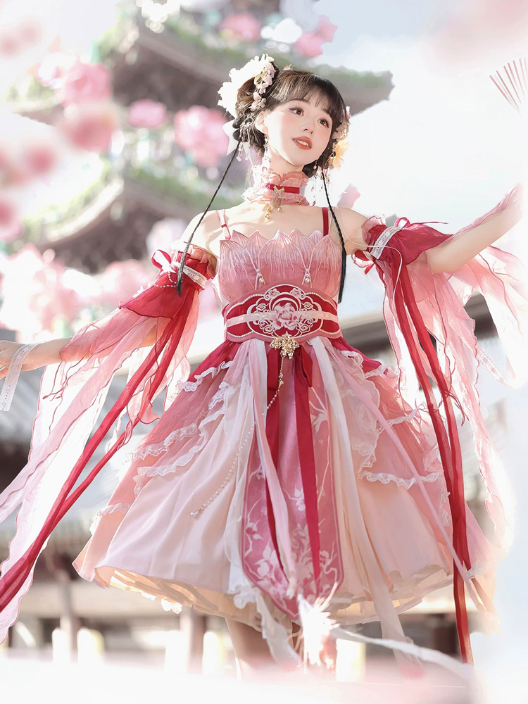 Summer Women Pink Dress Elegant Set with Hanfu Elements