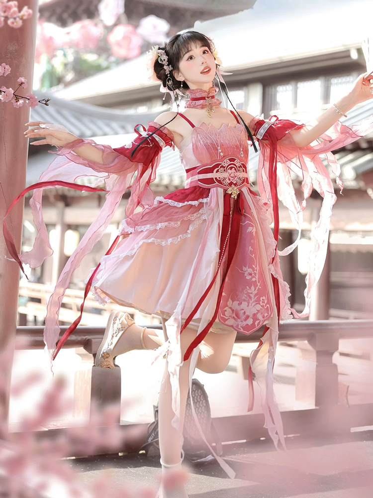 Summer Women Pink Dress Elegant Set with Hanfu Elements