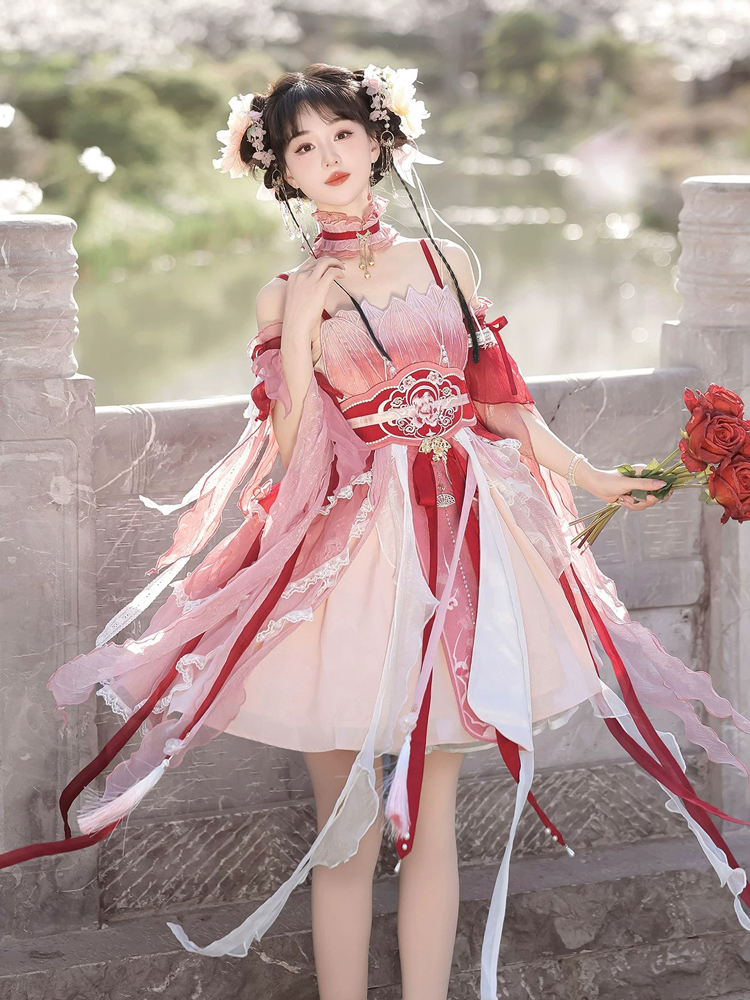 Summer Women Pink Dress Elegant Set with Hanfu Elements