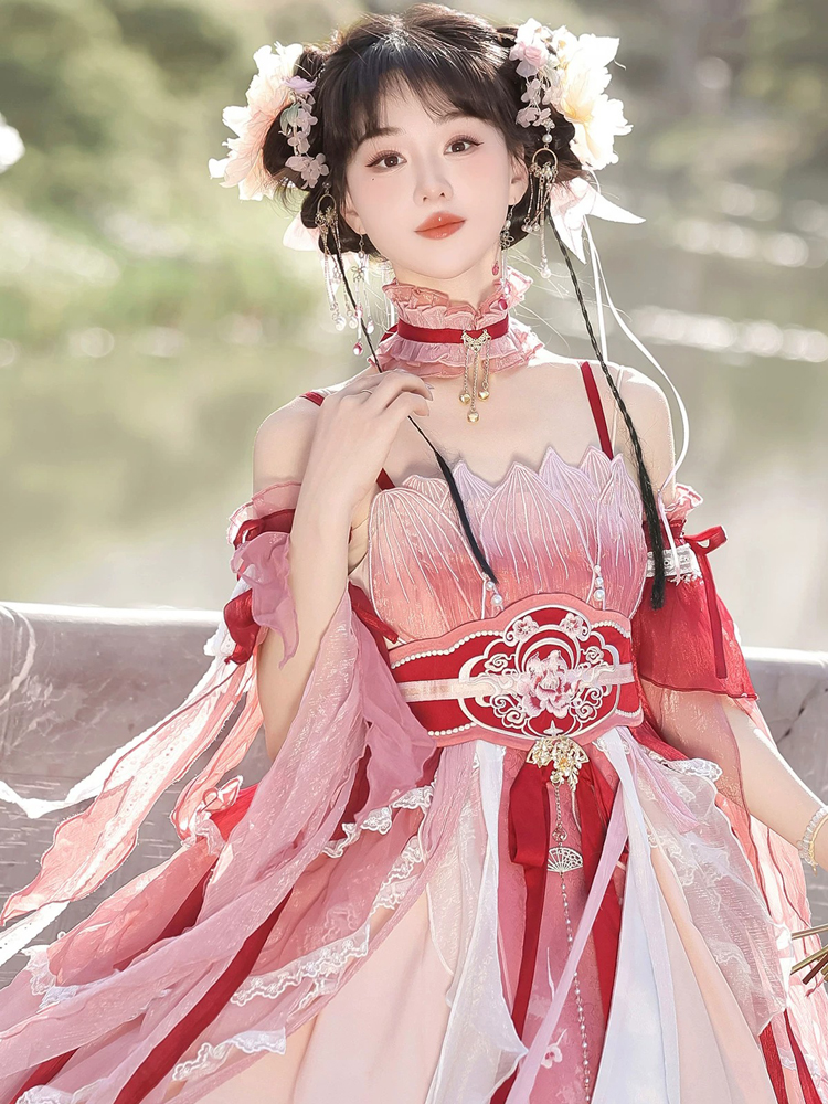 Summer Women Pink Dress Elegant Set with Hanfu Elements