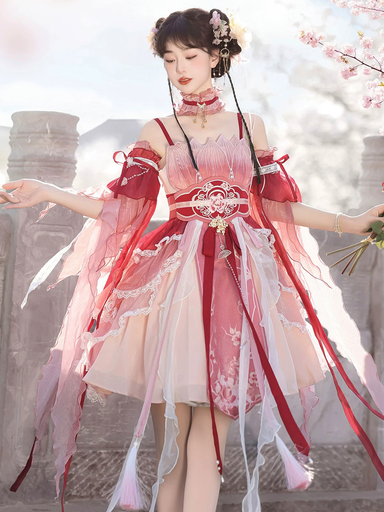 Summer Women Pink Dress Elegant Set with Hanfu Elements
