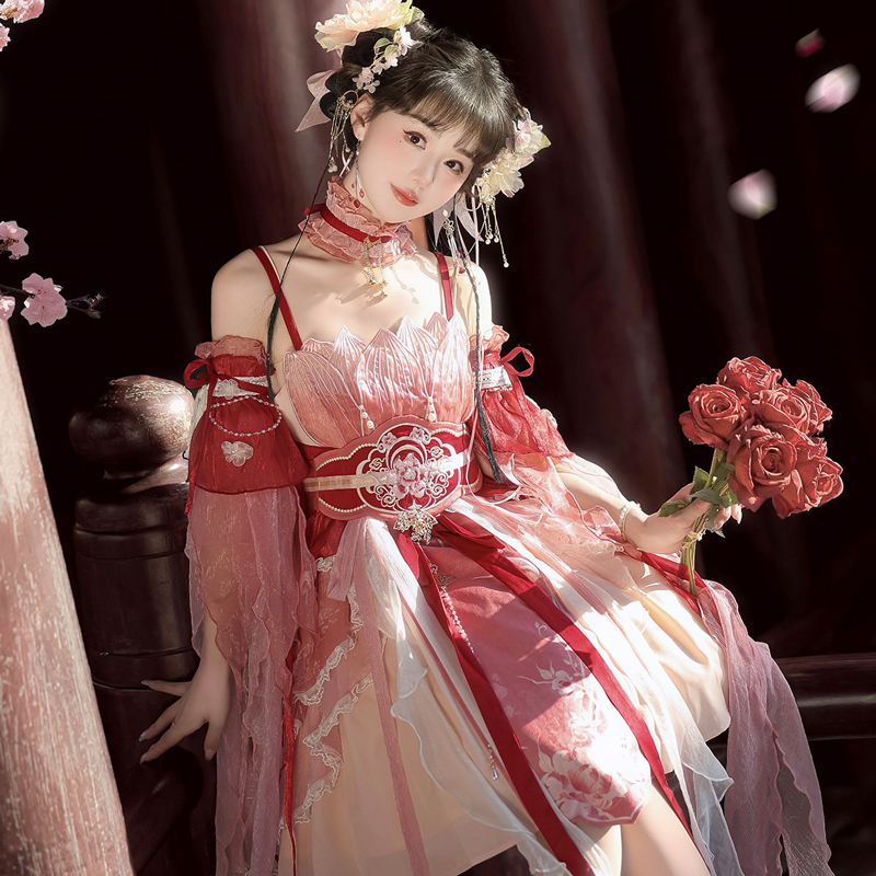 Summer-Women-Pink-Dress-Elegant-Set-with-Hanfu-Elements-2 Summer Women Pink Dress Elegant Set with Hanfu Elements