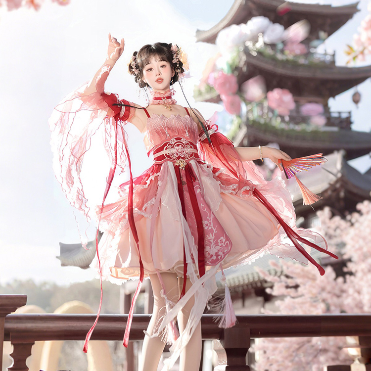 Summer Women Pink Dress Elegant Set with Hanfu Elements