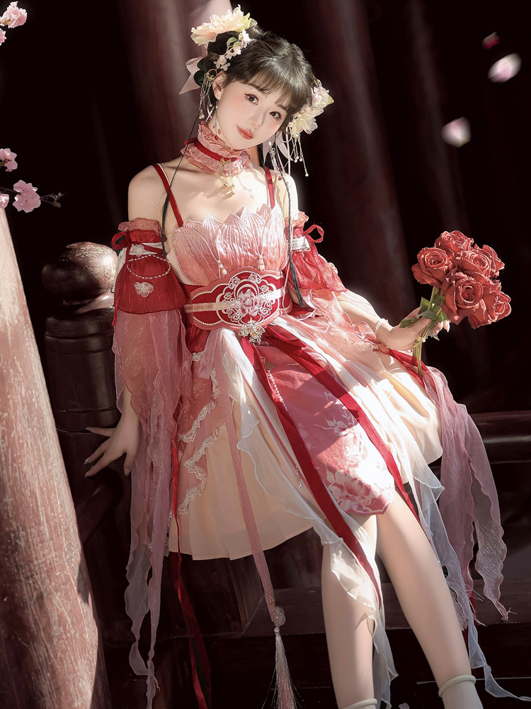 Summer Women Pink Dress Elegant Set with Hanfu Elements