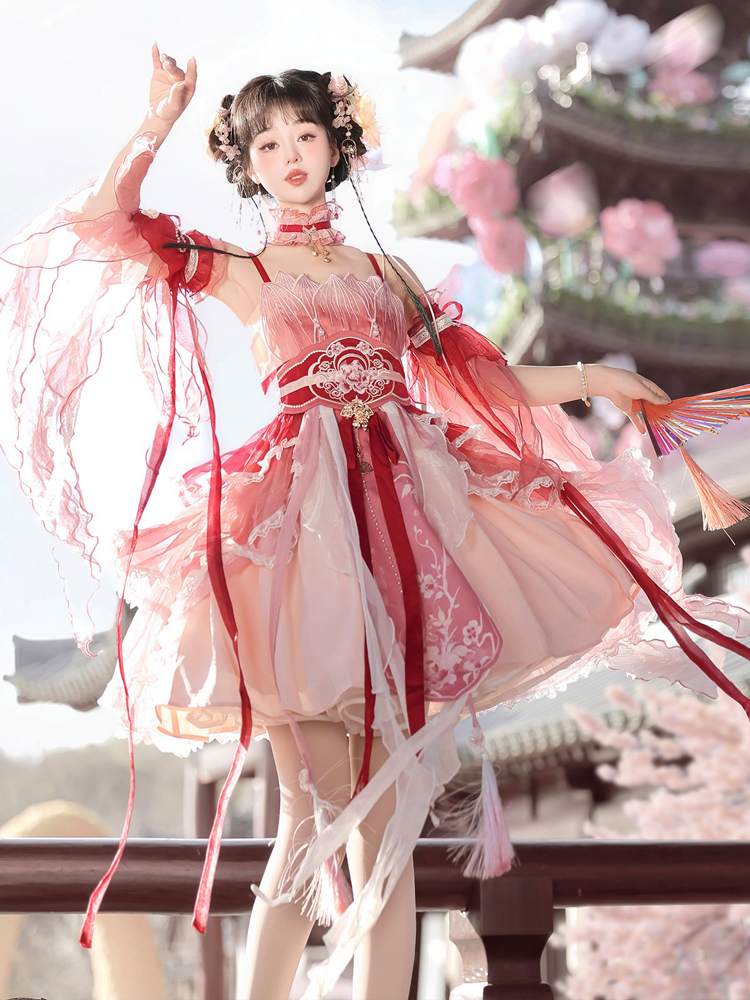 Summer Women Pink Dress Elegant Set with Hanfu Elements