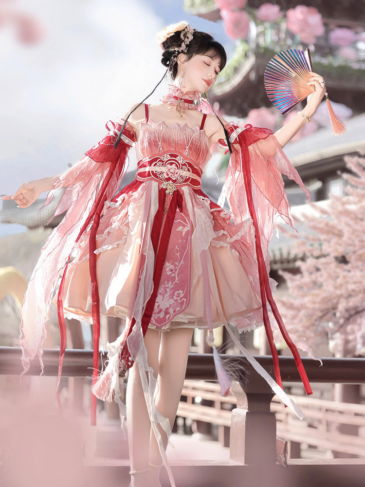 Summer Women Pink Dress Elegant Set with Hanfu Elements