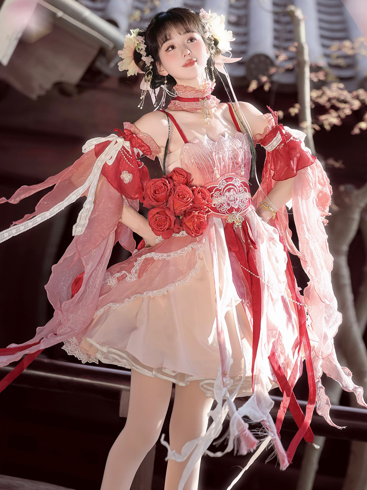 Summer Women Pink Dress Elegant Set with Hanfu Elements