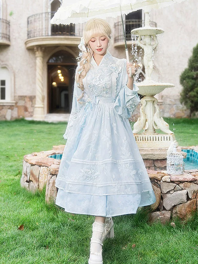 Women Spring Dress Blue Hanfu-Inspired Set