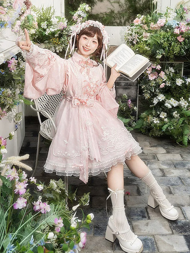 Women Summer Pink Dress with Pipa Sleeves Chinese-Inspired Cute Set