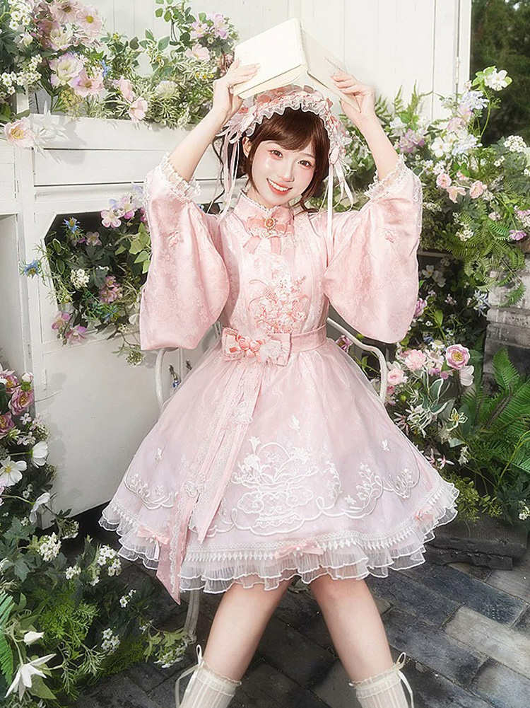 Women Summer Pink Dress with Pipa Sleeves Chinese-Inspired Cute Set