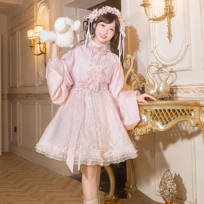 Women-Summer-Pink-Dress-with-Pipa-Sleeves-Chinese-Inspired-Cute-Set-2 Women Summer Pink Dress with Pipa Sleeves Chinese-Inspired Cute Set