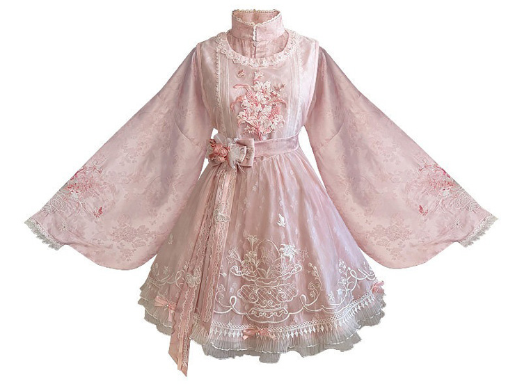 Women Summer Pink Dress with Pipa Sleeves Chinese-Inspired Cute Set