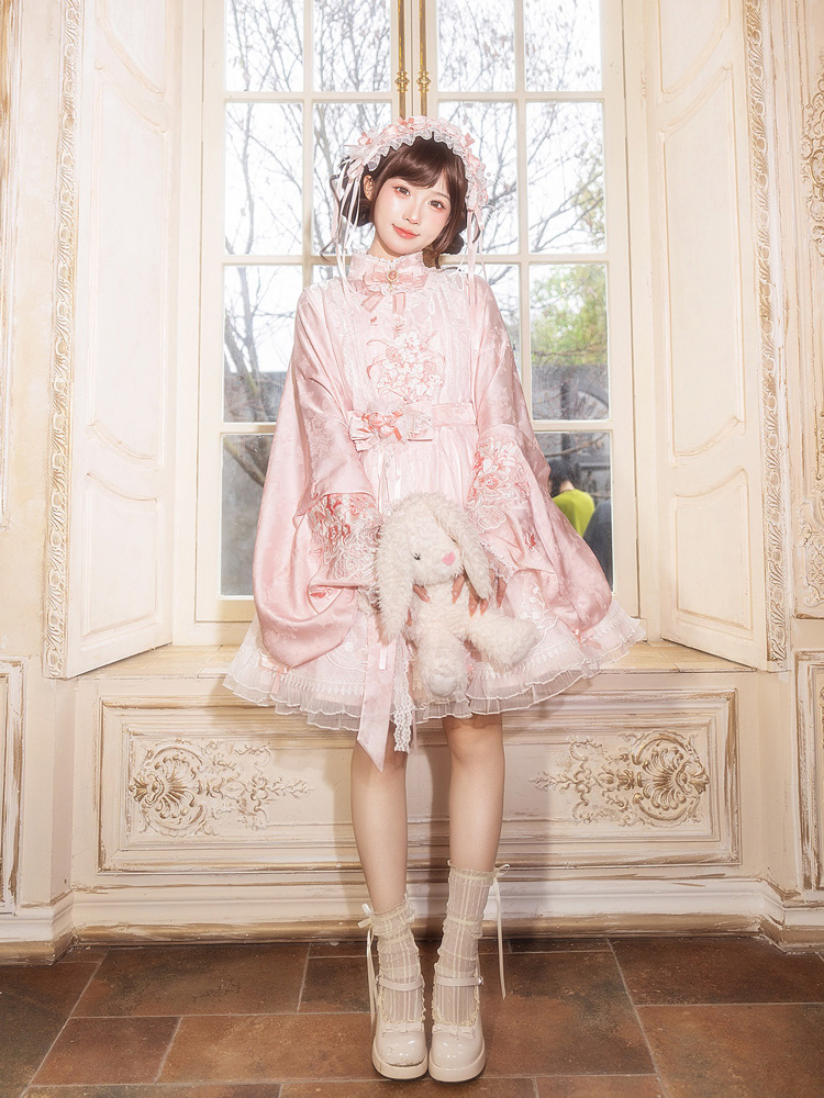 Women Summer Pink Dress with Pipa Sleeves Chinese-Inspired Cute Set