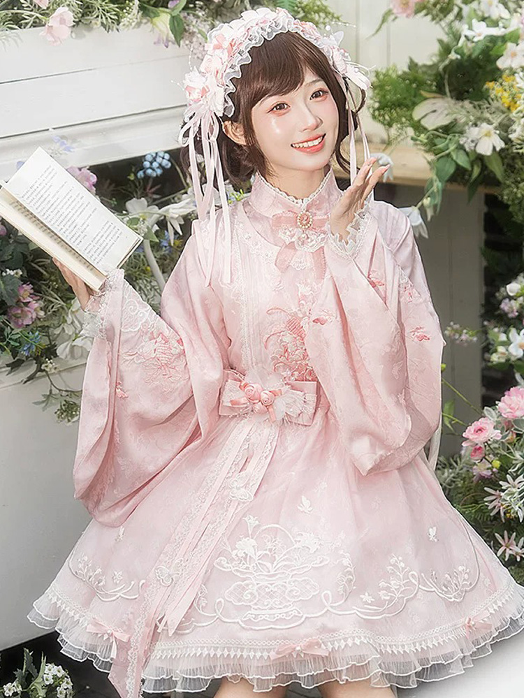 Women Summer Pink Dress with Pipa Sleeves Chinese-Inspired Cute Set