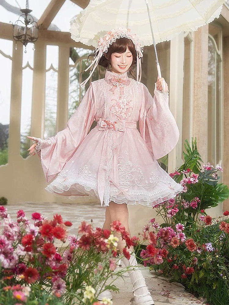 Women Summer Pink Dress with Pipa Sleeves Chinese-Inspired Cute Set