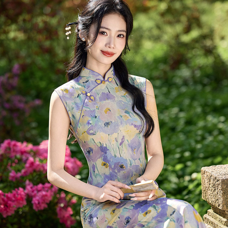 Women-Summer-Qipao-Long-Style-Sleeveless-Floral-Dress-1 Women Summer Qipao Long Style Sleeveless Floral Dress