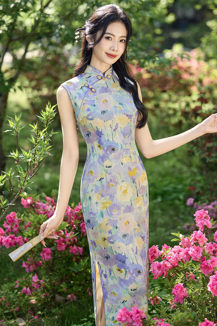 Women Summer Qipao Long Style Sleeveless Floral Dress