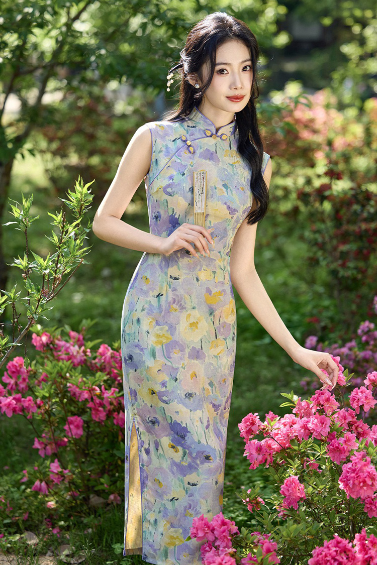 Women Summer Qipao Long Style Sleeveless Floral Dress