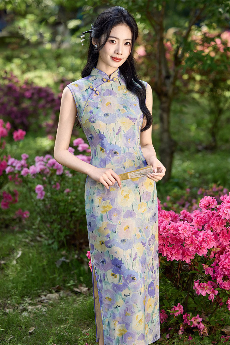 Women Summer Qipao Long Style Sleeveless Floral Dress
