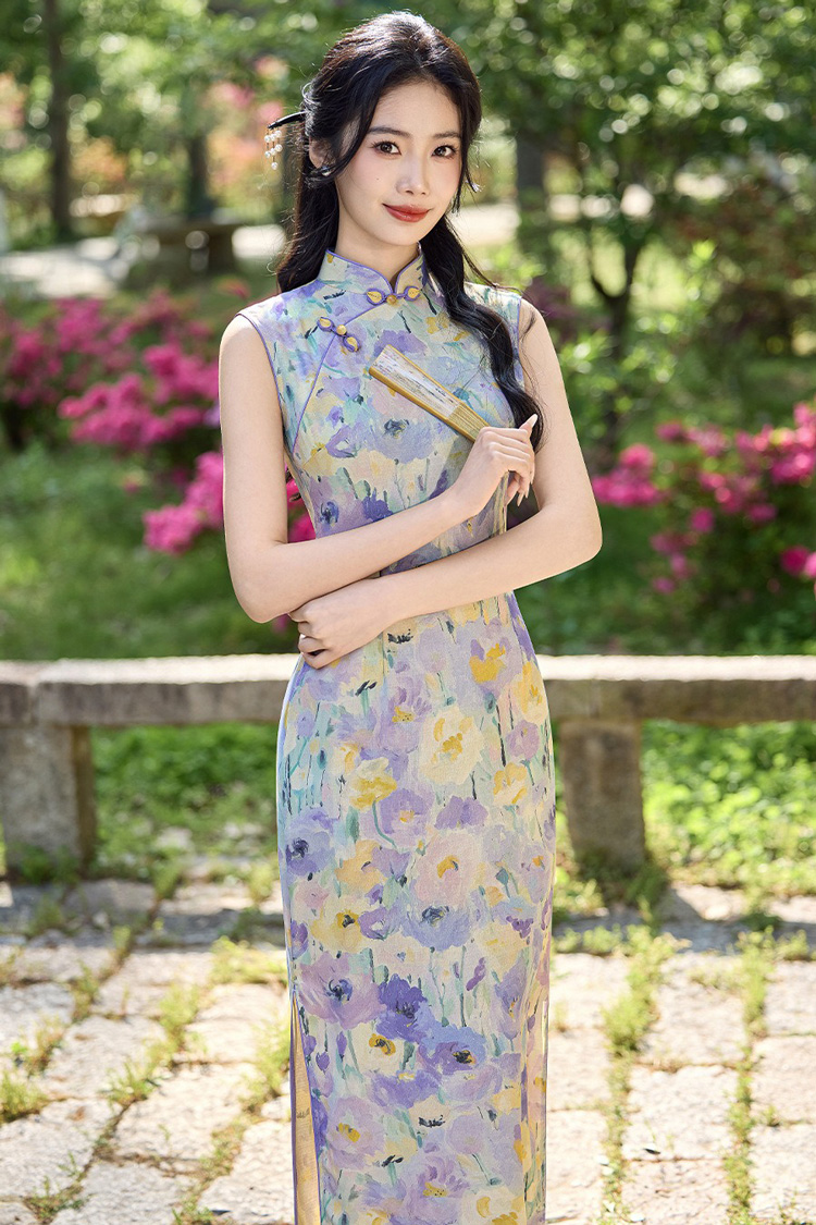 Women Summer Qipao Long Style Sleeveless Floral Dress