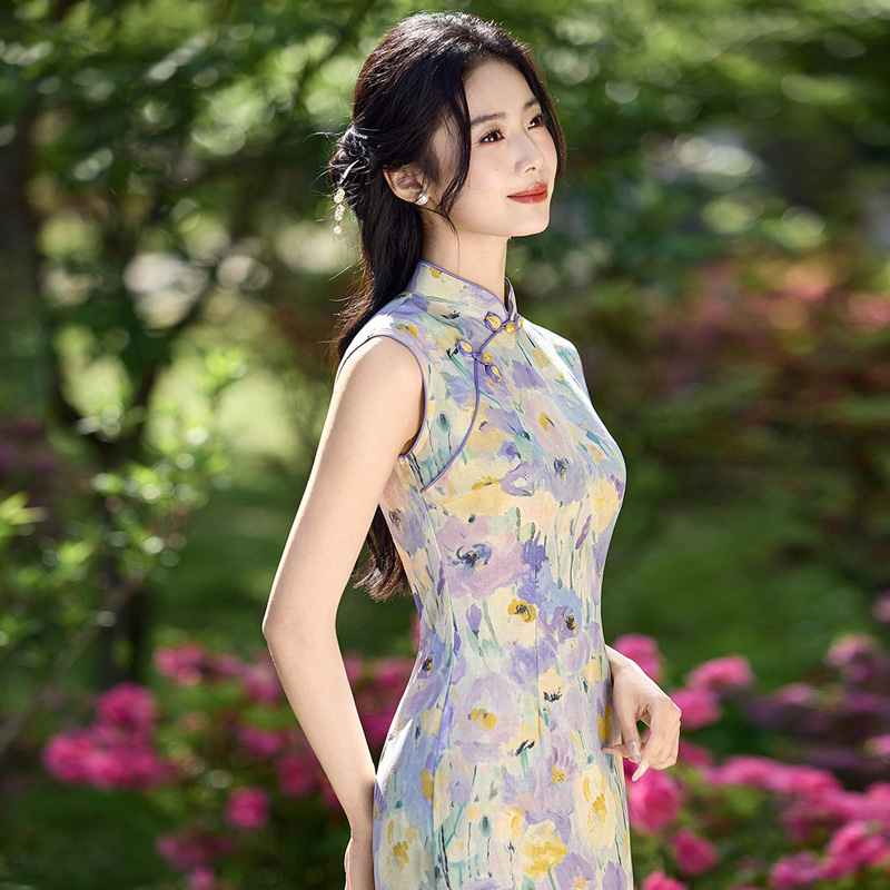 Women-Summer-Qipao-Long-Style-Sleeveless-Floral-Dress-2 Women Summer Qipao Long Style Sleeveless Floral Dress