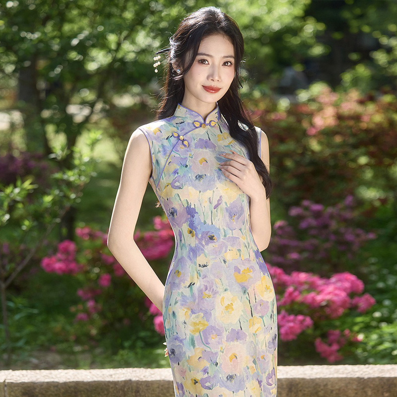 Women-Summer-Qipao-Long-Style-Sleeveless-Floral-Dress-3 Women Summer Qipao Long Style Sleeveless Floral Dress
