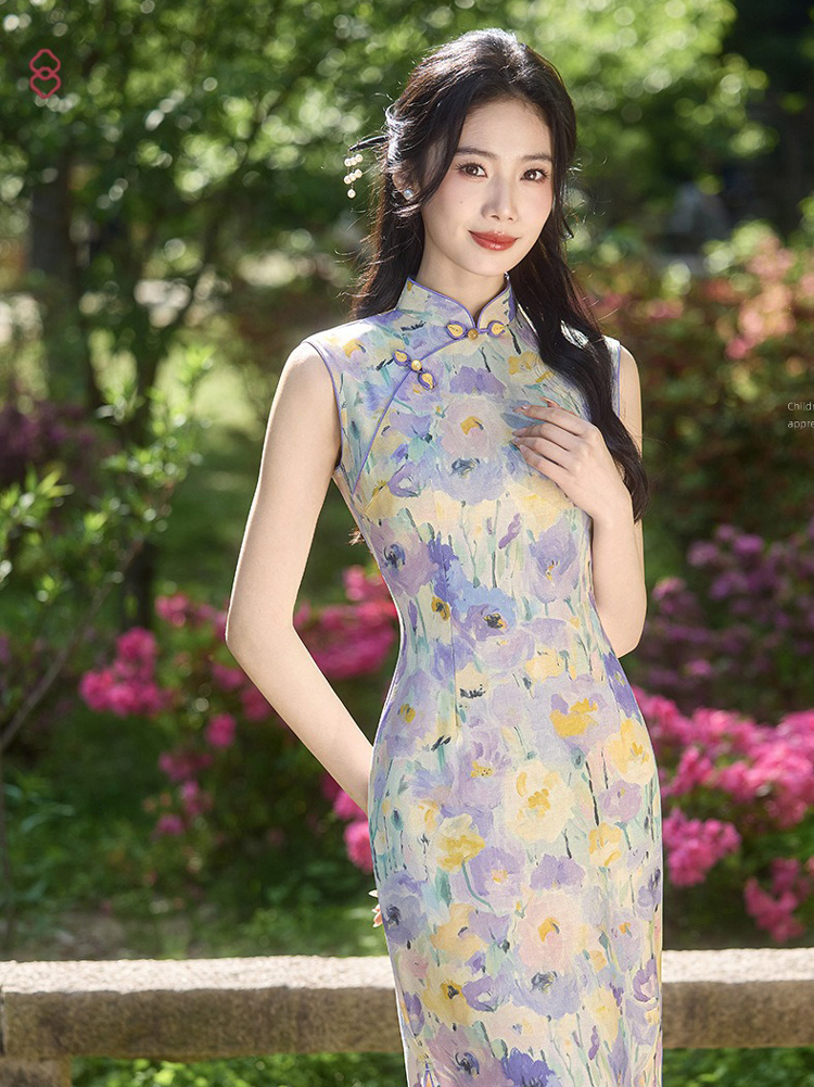 Women Summer Qipao Long Style Sleeveless Floral Dress
