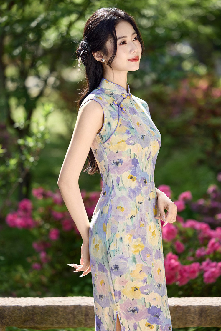 Women Summer Qipao Long Style Sleeveless Floral Dress