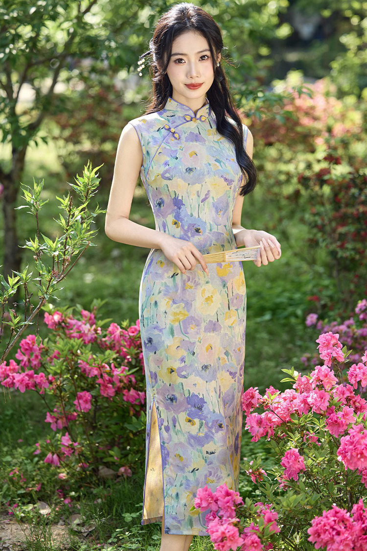Women Summer Qipao Long Style Sleeveless Floral Dress