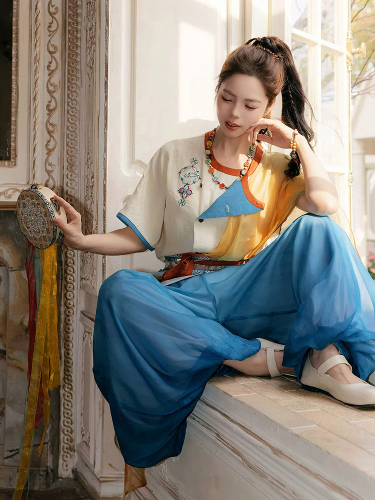 Women Tang Dynasty-Inspired Casual Hanfu Dunhuang-Style Pants Set