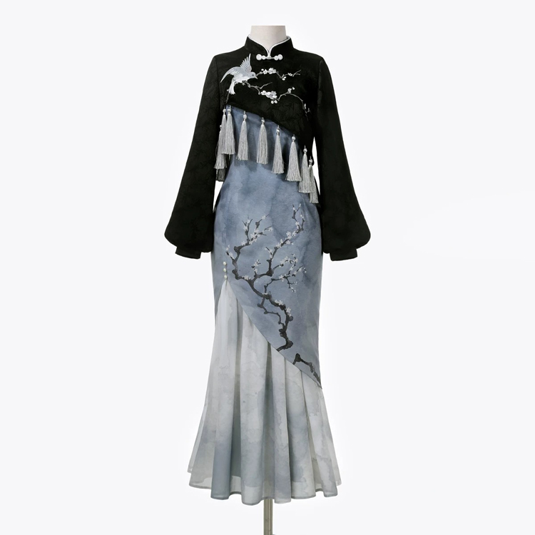 Women Modernized Hanfu-Inspired Fitted Casual Plum Blossom Spaghetti-Strap Dress
