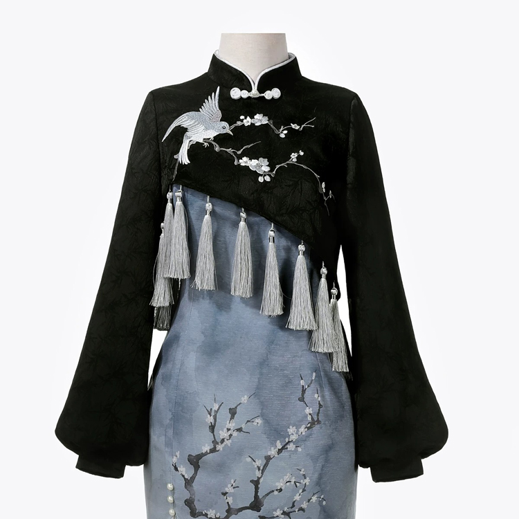 Women Modernized Hanfu-Inspired Fitted Casual Plum Blossom Spaghetti-Strap Dress