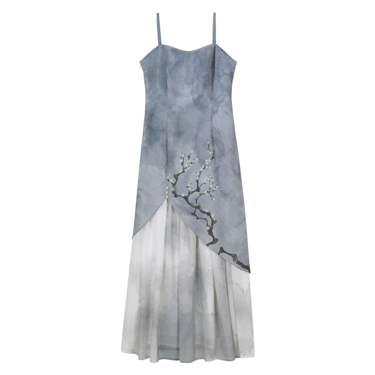 Women Modernized Hanfu-Inspired Fitted Casual Plum Blossom Spaghetti-Strap Dress