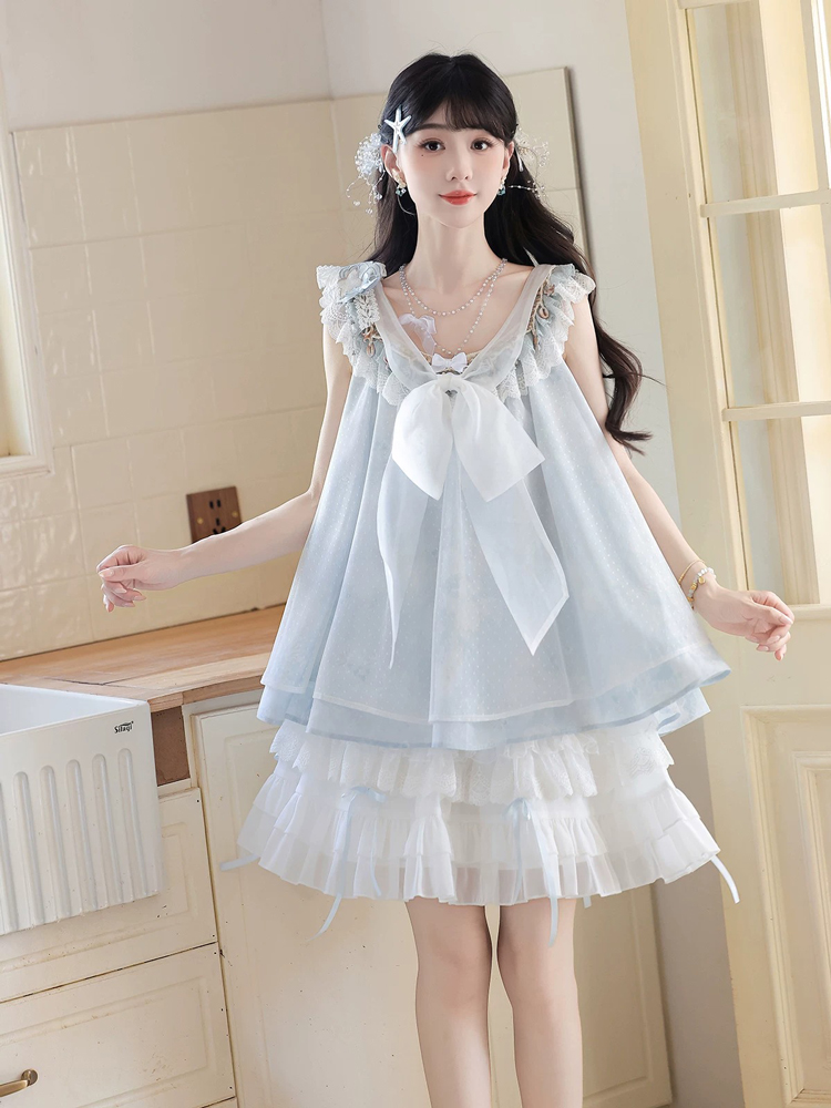 Women Casual Hanfu-Inspired Sleeveless Outfit in Blue Tones