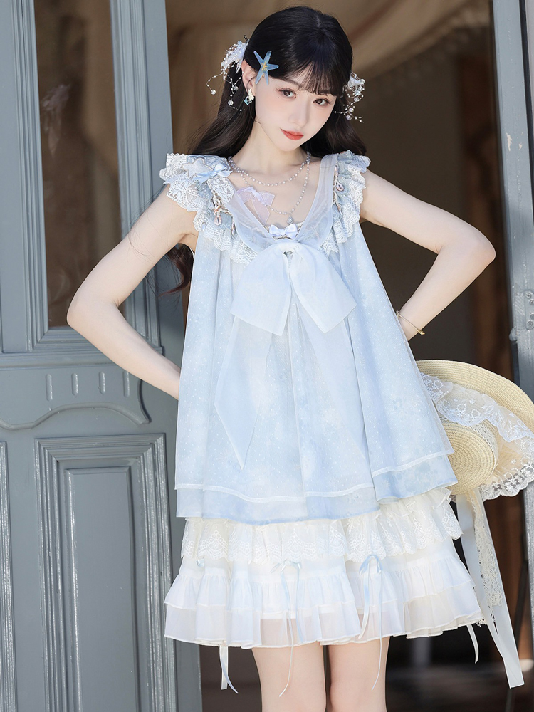 Women Casual Hanfu-Inspired Sleeveless Outfit in Blue Tones