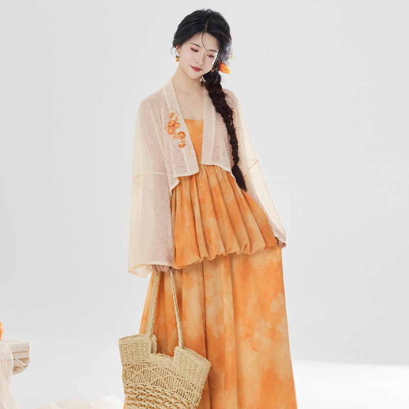 Women-Fashionable-Hanfu-Set-Summer-Orange-Skirt-Tang-Dynasty-Style-3 Women Fashionable Hanfu Set Summer Orange Skirt Tang Dynasty Style