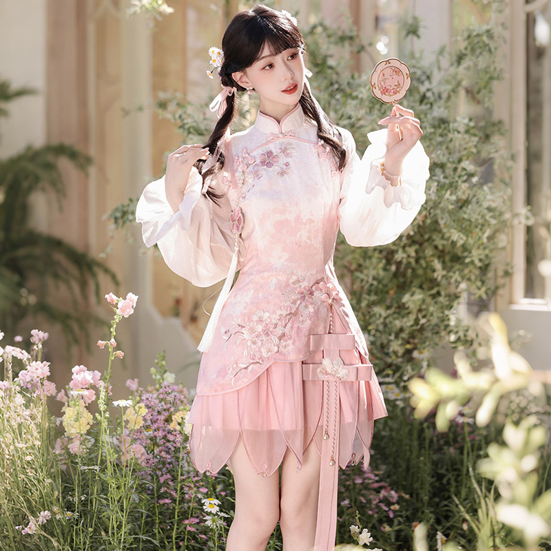 Women-Spring-Pink-Qipao-Set-Cute-Style-Dress-1 Women Spring Pink Qipao Set Cute-Style Dress