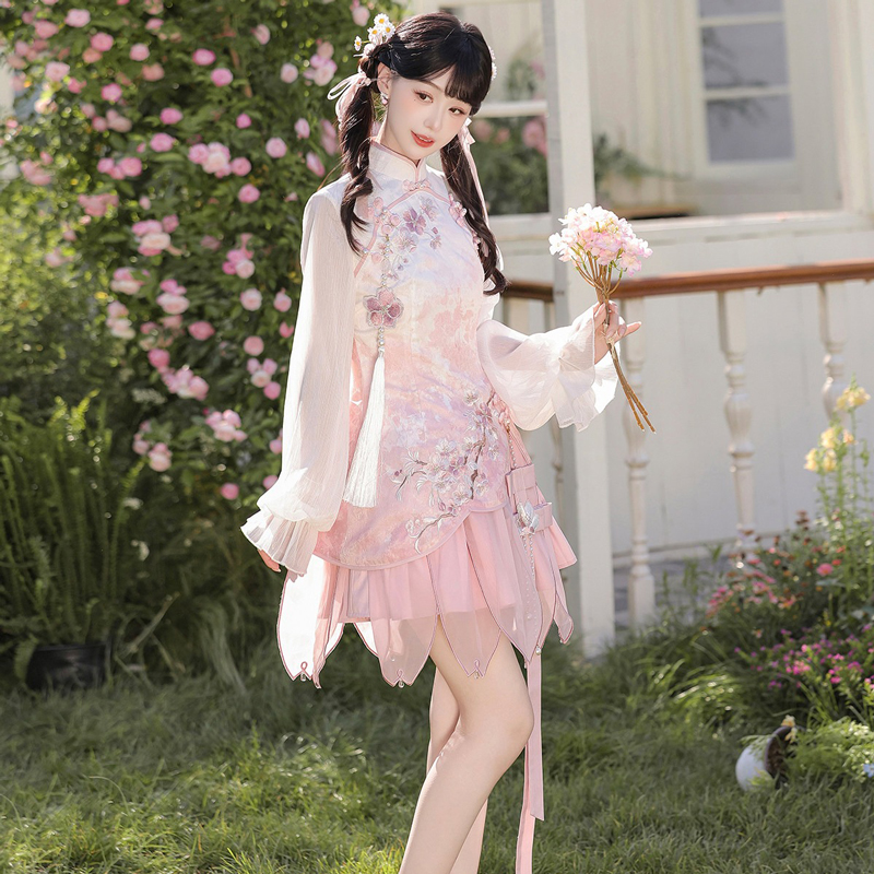 Women-Spring-Pink-Qipao-Set-Cute-Style-Dress-3 Women Spring Pink Qipao Set Cute-Style Dress