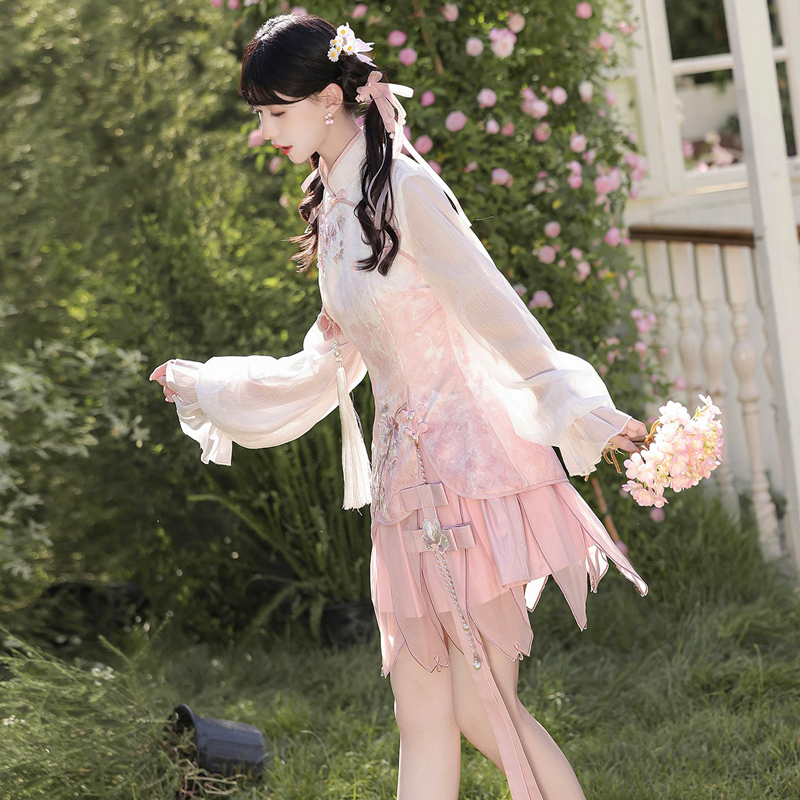 Women-Spring-Pink-Qipao-Set-Cute-Style-Dress-4 Women Spring Pink Qipao Set Cute-Style Dress