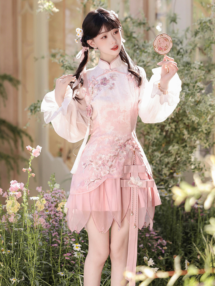 Women Spring Pink Qipao Set Cute-Style Dress